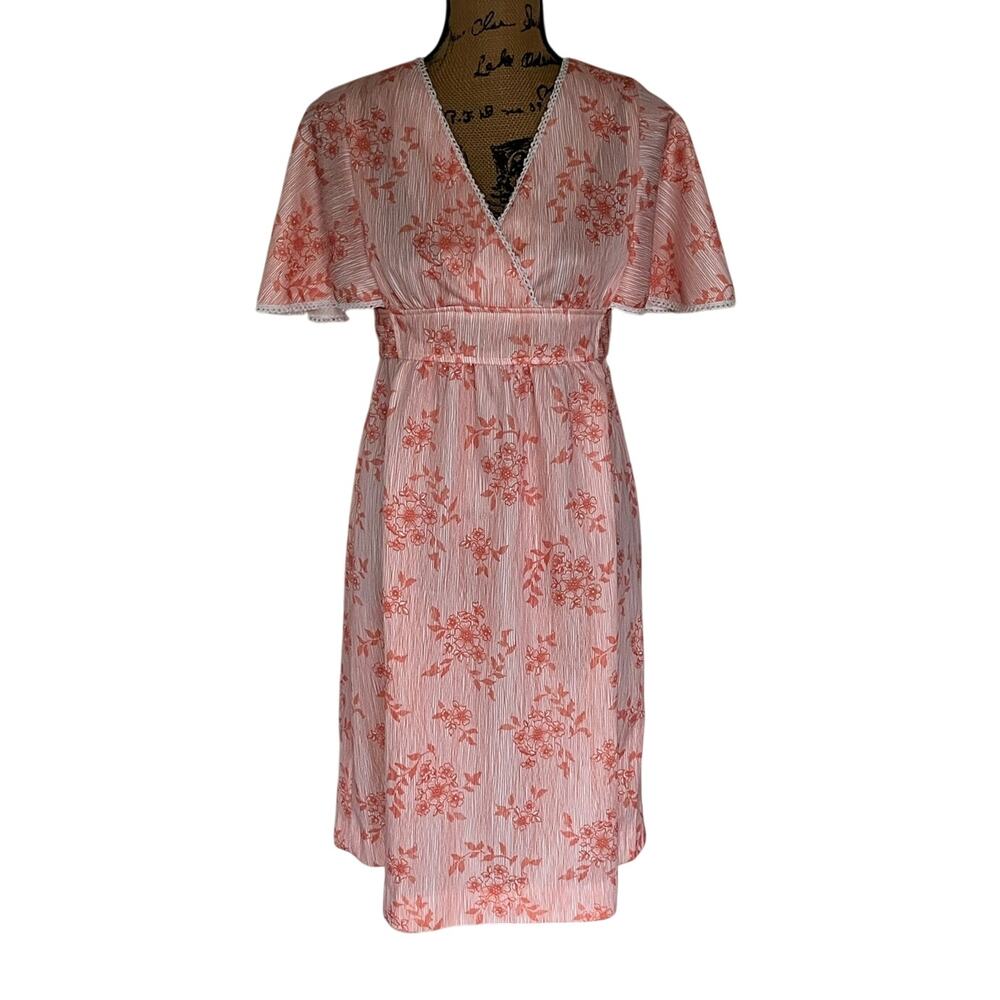 VTG 60s Marian Sue Orange White Floral Polyester Knee Length Dress Women’s M